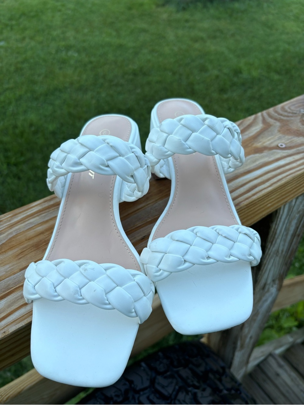 Womens White Braided Strap Slide Sandals